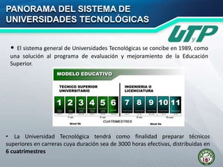 • El sistema general de Universidades Tecnológicas se concibe en 1989, como
una solución al programa de evaluación y mejoramiento de la Educación
Superior.
PANORAMA DEL SISTEMA DE
UNIVERSIDADES TECNOLÓGICAS
• La Universidad Tecnológica tendrá como finalidad preparar técnicos
superiores en carreras cuya duración sea de 3000 horas efectivas, distribuidas en
6 cuatrimestres
 