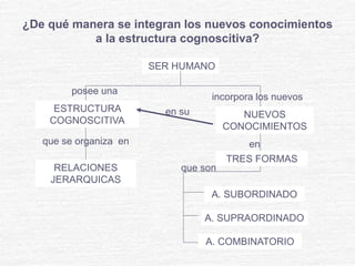 ¿De qué manera se integran los nuevos conocimientos
a la estructura cognoscitiva?
ESTRUCTURA
COGNOSCITIVA
RELACIONES
JERARQUICAS
que se organiza en
SER HUMANO
posee una
NUEVOS
CONOCIMIENTOS
TRES FORMAS
A. SUBORDINADO
A. SUPRAORDINADO
A. COMBINATORIO
incorpora los nuevos
en su
en
que son
 