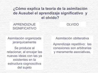 ¿Cómo explica la teoría de la asimilación
de Ausubel el aprendizaje significativo y
el olvido?
APRENDIZAJE
SIGNIFICATIVO
Asimilación organizada
jerarquicamente
Se produce al
relacionar, al encajar las
nuevas ideas con las ya
existentes en la
estructura cognoscitiva
del sujeto
OLVIDO
Asimilación obliterativa
Aprendizaje repetitivo: las
conexiones son arbitrarias
y meramente asociativas,
 