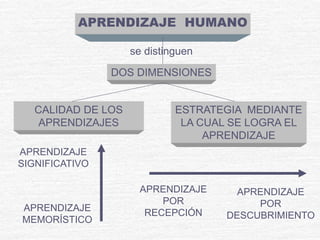 APRENDIZAJE HUMANO
DOS DIMENSIONES
se distinguen
CALIDAD DE LOS
APRENDIZAJES
ESTRATEGIA MEDIANTE
LA CUAL SE LOGRA EL
APRENDIZAJE
APRENDIZAJE
SIGNIFICATIVO
APRENDIZAJE
MEMORÍSTICO
APRENDIZAJE
POR
RECEPCIÓN
APRENDIZAJE
POR
DESCUBRIMIENTO
 