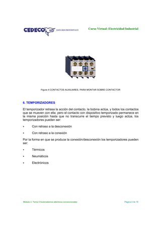 Curso Virtual: Electricidad Industrial

Figura 4 CONTACTOS AUXILIARES, PARA MONTAR SOBRE CONTACTOR

6. TEMPORIZADORES
El temporizador retrasa la acción del contacto, la bobina actúa, y todos los contactos
que se mueven con ella; pero el contacto con dispositivo temporizado permanece en
la misma posición hasta que no transcurre el tiempo previsto y luego actúa, los
temporizadores pueden ser:


Con retraso a la desconexión



Con retraso a la conexión

Por la forma en que se produce la conexión/desconexión los temporizadores pueden
ser:


Térmicos



Neumáticos



Electrónicos

Módulo 2. Tema 4 Automatismos eléctricos convencionales

Página 4 de 16

 