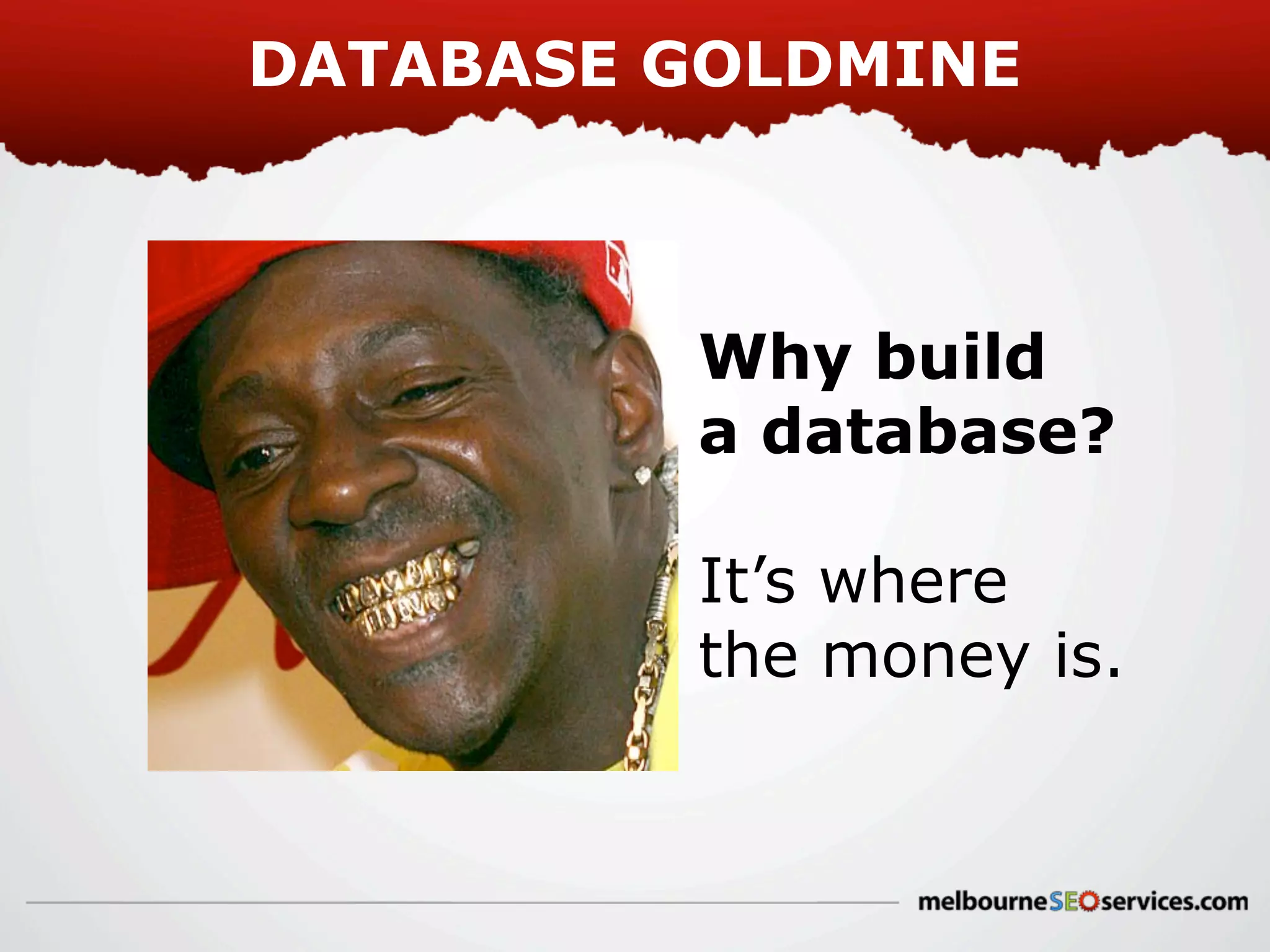 DATABASE GOLDMINE

Why build
a database?
It’s where
the money is.

 