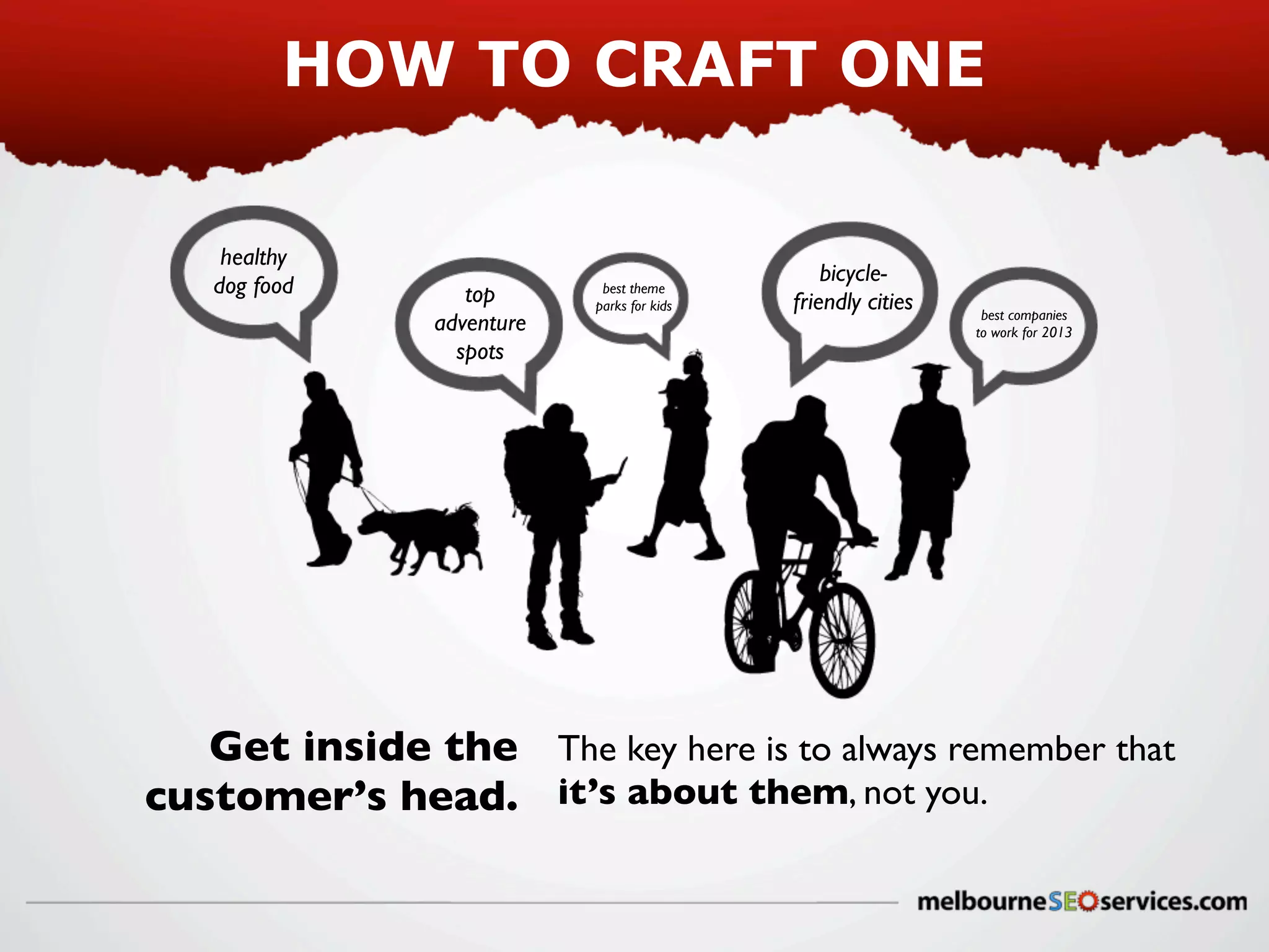 HOW TO CRAFT ONE
healthy
dog food

top
adventure
spots

best theme
parks for kids

bicyclefriendly cities

best companies
to work for 2013

Get inside the The key here is to always remember that
customer’s head. it’s about them, not you.

 