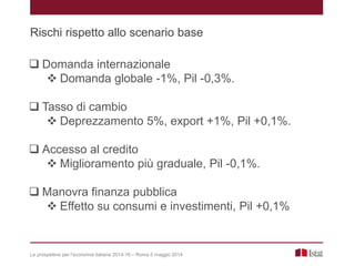 Rischi rispetto allo scenario base
 Domanda internazionale
 Domanda globale -1%, Pil -0,3%.
 Tasso di cambio
 Deprezzamento 5%, export +1%, Pil +0,1%.
 Accesso al credito
 Miglioramento più graduale, Pil -0,1%.
 Manovra finanza pubblica
 Effetto su consumi e investimenti, Pil +0,1%
Le prospettive per l’economia italiana 2014-16 – Roma 5 maggio 2014
 