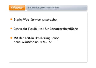 Beurteilung Interoperabilität




Stark: Web-Service-Ansprache
S k W bS i A              h

Schwach: Flexibilität für Benutzeroberfläche

Mit der ersten Umsetzung schon
neue Wünsche an BPMN 2 1
                       2.1
 