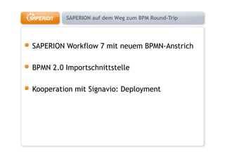 SAPERION auf dem Weg zum BPM Round-Trip




         Workflow 7 mit neuem BPMN A
SAPERION W kfl       i        BPMN-Anstrich
                                        i h

BPMN 2.0 Importschnittstelle

Kooperation mit Signavio: Deployment
 