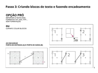 Passo 3: Criando blocos de texto e fazendo encadeamento
OPÇÃO PRÓ
IMPORTAR O TEXTO NOS
FORMATOS TXT, DOC, RTF,...
SEM FORMATAÇÃO
ou
COPIAR E COLAR BLOCOS
AO ENCADEAR
PORTA DE ENTRADA [A] E PORTA DE SAÍDA [B]
 