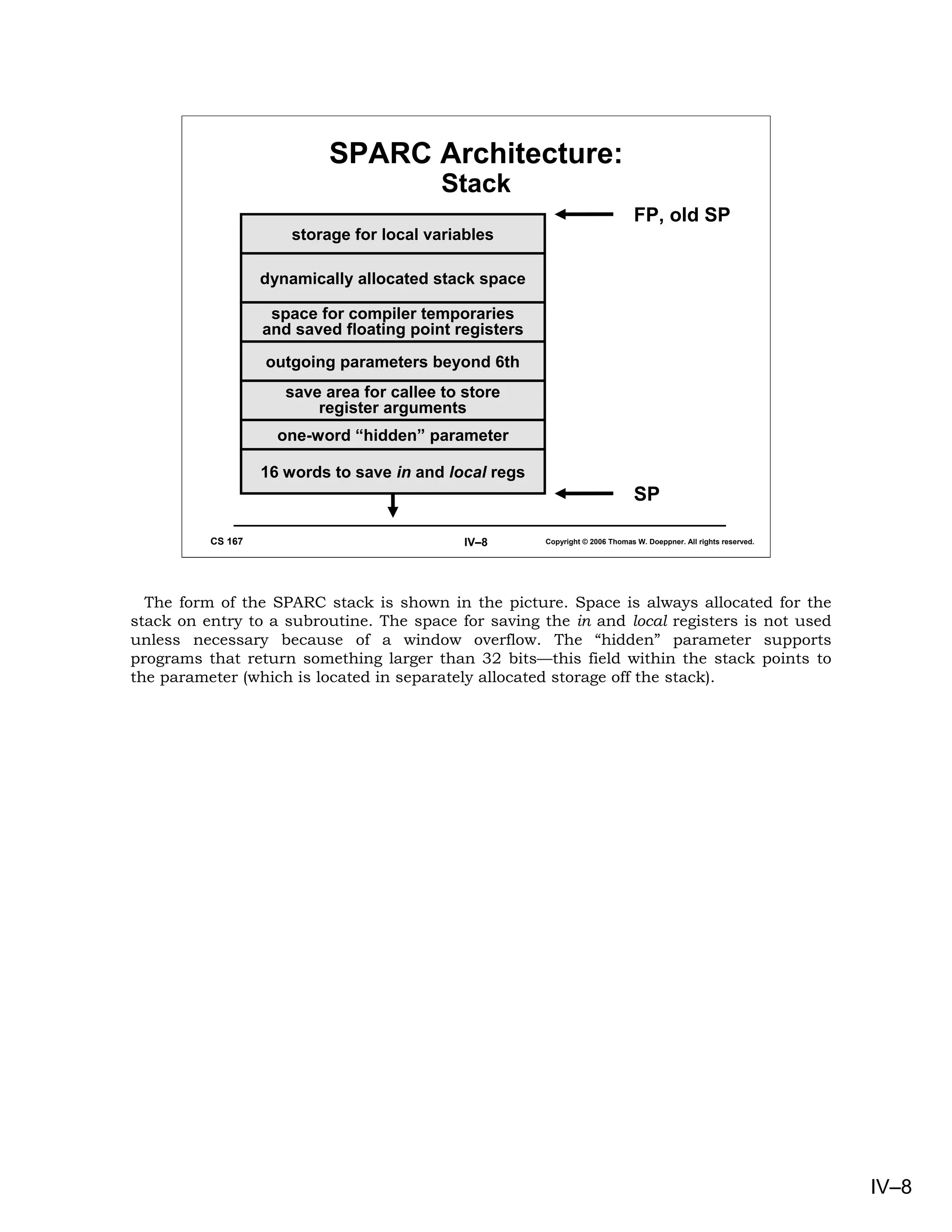 SPARC Architecture:
                                           Stack
                                                                                FP, old SP
                       storage for local variables

                   dynamically allocated stack space

                    space for compiler temporaries
                   and saved floating point registers

                   outgoing parameters beyond 6th
                      save area for callee to store
                          register arguments
                     one-word “hidden” parameter

                   16 words to save in and local regs
                                                                                SP

          CS 167                              IV–8      Copyright © 2006 Thomas W. Doeppner. All rights reserved.




  The form of the SPARC stack is shown in the picture. Space is always allocated for the
stack on entry to a subroutine. The space for saving the in and local registers is not used
unless necessary because of a window overflow. The “hidden” parameter supports
programs that return something larger than 32 bits—this field within the stack points to
the parameter (which is located in separately allocated storage off the stack).




                                                                                                                    IV–8
 