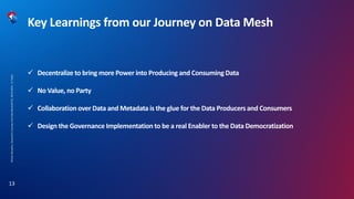 Key Learnings from our Journey on Data Mesh
✓ Decentralize to bring more Power into Producing and Consuming Data
✓ No Value, no Party
✓ Collaboration over Data and Metadata is the glue for the Data Producers and Consumers
✓ Design the Governance Implementation to be a real Enabler to the Data Democratization
Mirela
Navodaru,
Swisscom's
Journey
into
Data
Mesh,BAT52,
08.03.2024,
C1
Public
13
 