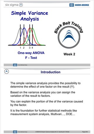 Simple Variancep
Analysis
1 2 3 4
O ANOVAOne-way ANOVA
F - Test
Week 2
Knorr-Bremse Group
Introduction
Th i l i l i id th ibilit tThe simple variance analysis provides the possibility to
determine the effect of one factor on the result (Y).
Based on the variance analysis you can assign the
variation of the result to factors.
You can explain the portion of the of the variance caused
b th f tby the factor.
It is the foundation for further statistical methods likeIt is the foundation for further statistical methods like
measurement system analysis, Multivari…, DOE…
Knorr-Bremse Group 04 BB W2 Simple Variance Analysis 08, D. Szemkus/H. Winkler Page 2/40
 