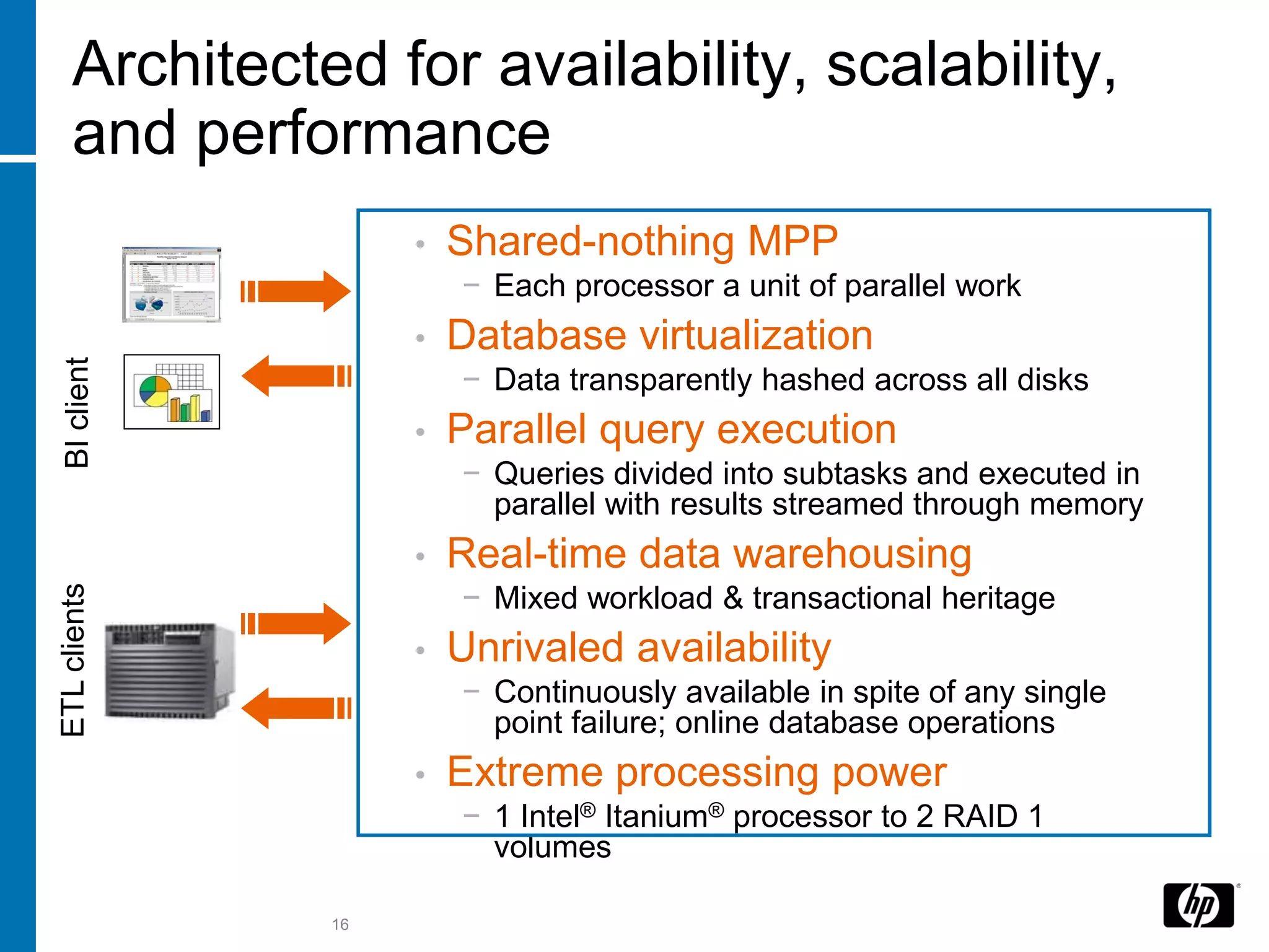 Architected for availability, scalability,
    and performance
                   •   Shared-nothing MPP
                       − Each processor a unit of parallel work
                   •   Database virtualization
 BI client




                       − Data transparently hashed across all disks
                   •   Parallel query execution
                       − Queries divided into subtasks and executed in
                         parallel with results streamed through memory
                   •   Real-time data warehousing
                       − Mixed workload & transactional heritage
ETL clients




                   •   Unrivaled availability
                       − Continuously available in spite of any single
                         point failure; online database operations
                   •   Extreme processing power
                       − 1 Intel® Itanium® processor to 2 RAID 1
                         volumes

              16
 