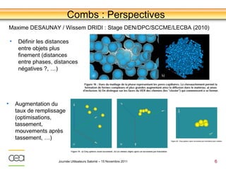 Combs : Perspectives
    Maxime DESAUNAY / Wissem DRIDI : Stage DEN/DPC/SCCME/LECBA (2010)

    •    Définir les distances
         entre objets plus
         finement (distances
         entre phases, distances
         négatives ?, …)




•       Augmentation du
        taux de remplissage
        (optimisations,
        tassement,
        mouvements après
        tassement, …)



                        Journée Utilisateurs Salomé – 15 Novembre 2011   6
 