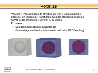 Voxelize
•   Voxelize : Transformation de structure de type « Boites remplies
    d’objets » en Images 3D. Fonctionne avec des structures issues de
    COMBS, des structures « Voronoï », ou autres.
•   En entrée :
     • Des géométries (calculs assez longs)
     • Des maillages (utilisation intensive de la librairie MEDCoupling)




                 Journée Utilisateurs Salomé – 15 Novembre 2011            7
 