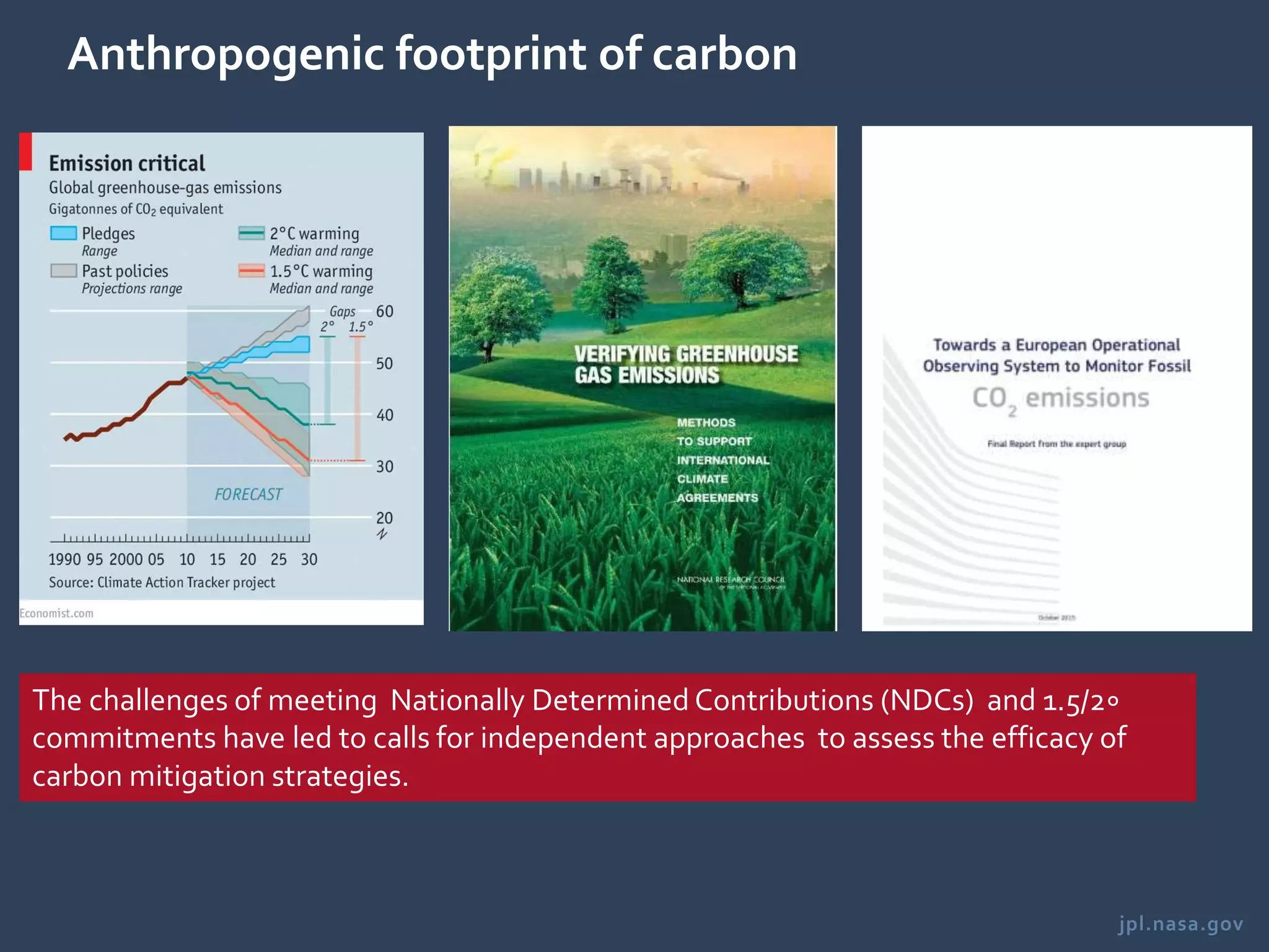 jpl.nasa.gov
Anthropogenic footprint of carbon
The challenges of meeting Nationally Determined Contributions (NDCs) and 1.5/2∘
commitments have led to calls for independent approaches to assess the efficacy of
carbon mitigation strategies.
 