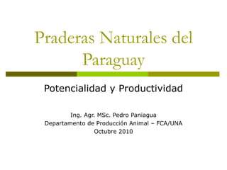 Praderas Naturales del
Paraguay
Potencialidad y Productividad
Ing. Agr. MSc. Pedro Paniagua
Departamento de Producción Animal – FCA/UNA
Octubre 2010
 