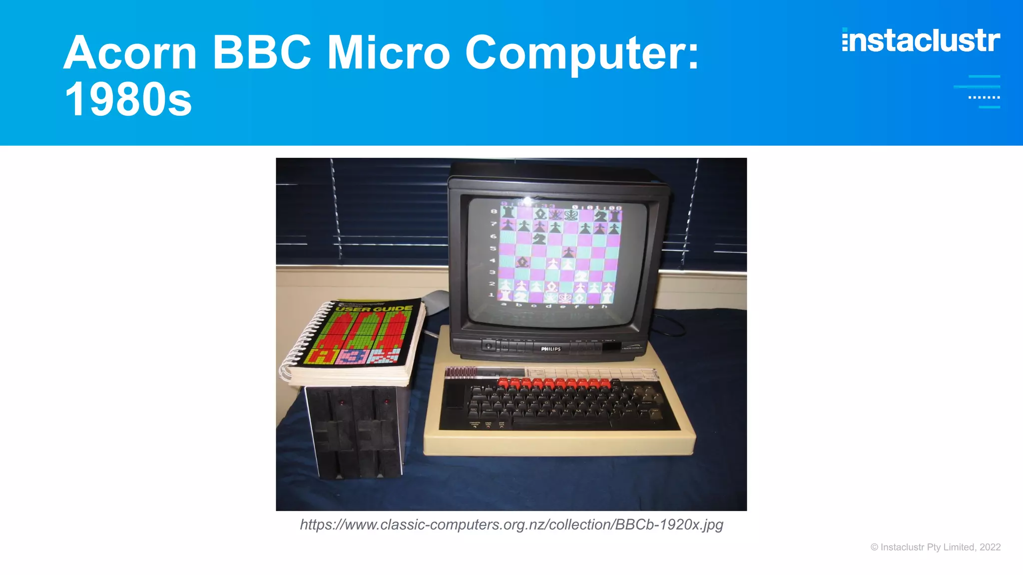 Acorn BBC Micro Computer: 1980s https://www.classic-computers.org.nz/collection/BBCb-1920x.jpg © Instaclustr Pty Limited, 2022 