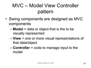 Poelman & Associates, Inc. (c) 2003
25
MVC – Model View Controller
pattern
• Swing components are designed as MVC
components
– Model = data or object that is the to be
visually represented
– View = one or more visual representations of
that data/object
– Controller = code to manage input to the
model
 