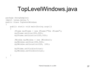 Poelman & Associates, Inc. (c) 2003
37
TopLevelWindows.java
package SwingSamples;
import javax.swing.*;
public class TopLevelWindows
{
public static void main(String args[])
{
JFrame myJFrame = new JFrame("The JFrame");
myJFrame.setSize(300,300);
myJFrame.setLocation(100,100);
JWindow myJWindow = new JWindow();
myJWindow.setSize(300,300);
myJWindow.setLocation(500, 100);
myJFrame.setVisible(true);
myJWindow.setVisible(true);
}
}
 