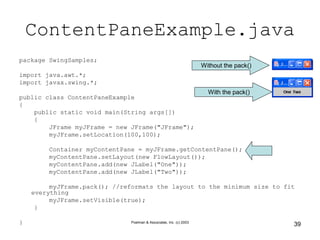 Poelman & Associates, Inc. (c) 2003
39
ContentPaneExample.java
package SwingSamples;
import java.awt.*;
import javax.swing.*;
public class ContentPaneExample
{
public static void main(String args[])
{
JFrame myJFrame = new JFrame("JFrame");
myJFrame.setLocation(100,100);
Container myContentPane = myJFrame.getContentPane();
myContentPane.setLayout(new FlowLayout());
myContentPane.add(new JLabel("One"));
myContentPane.add(new JLabel("Two"));
myJFrame.pack(); //reformats the layout to the minimum size to fit
everything
myJFrame.setVisible(true);
}
}
Without the pack()
With the pack()
 