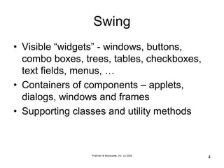Poelman & Associates, Inc. (c) 2003
4
Swing
• Visible “widgets” - windows, buttons,
combo boxes, trees, tables, checkboxes,
text fields, menus, …
• Containers of components – applets,
dialogs, windows and frames
• Supporting classes and utility methods
 