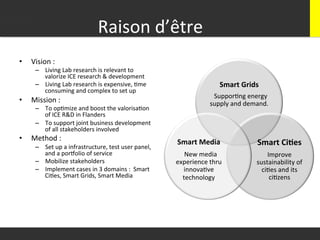 Raison	
  d’être	
  
•    Vision	
  :	
  
       –  Living	
  Lab	
  research	
  is	
  relevant	
  to	
  
          valorize	
  ICE	
  research	
  &	
  development	
  
       –  Living	
  Lab	
  research	
  is	
  expensive,	
  Wme	
                                   Smart	
  Grids	
  
          consuming	
  and	
  complex	
  to	
  set	
  up	
  
                                                                                              	
  	
  SupporWng	
  energy	
  
•    Mission	
  :	
                                                                           supply	
  and	
  demand.	
  
       –  To	
  opWmize	
  and	
  boost	
  the	
  valorisaWon	
  
          of	
  ICE	
  R&D	
  in	
  Flanders	
  
       –  To	
  support	
  joint	
  business	
  development	
  
          of	
  all	
  stakeholders	
  involved	
  
•    Method	
  :	
  
       –  Set	
  up	
  a	
  infrastructure,	
  test	
  user	
  panel,	
  
                                                                            Smart	
  Media	
                          Smart	
  Ci;es	
  
          and	
  a	
  por0olio	
  of	
  service	
                            	
  	
  New	
  media	
                       Improve	
  
       –  Mobilize	
  stakeholders	
                                        experience	
  thru	
                      sustainability	
  of	
  
       –  Implement	
  cases	
  in	
  3	
  domains	
  :	
  	
  Smart	
        innovaWve	
                               ciWes	
  and	
  its	
  
          CiWes,	
  Smart	
  Grids,	
  Smart	
  Media	
                       technology	
                                 ciWzens	
  
 