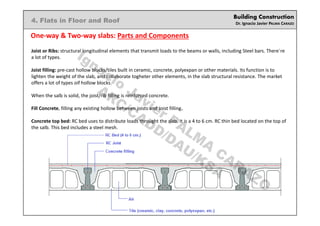 Building Construction
Dr. Ignacio Javier PALMA CARAZO
4. Flats in Floor and Roof
One-way & Two-way slabs: Parts and Components
Joist or Ribs: structural longitudinal elements that transmit loads to the beams or walls, including Steel bars. There´re
a lot of types.
Joist filling: pre-cast hollow blocks/tiles built in ceramic, concrete, polyexpan or other materials. Its function is to
lighten the weight of the slab, and collaborate togheter other elements, in the slab structural resistance. The market
offers a lot of types oif hollow blocks.
When the salb is solid, the joist/rib filling is reinforced concrete.
Fill Concrete, filling any existing hollow between joists and Joist filling.
Concrete top bed: RC bed uses to distribute loads throught the slab. It is a 4 to 6 cm. RC thin bed located on the top of
the salb. This bed includes a steel mesh.
Ignacio
Javier PALM
A
CARAZO
ARC/CADD/DAU/KSA
 