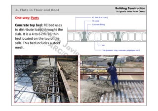 Building Construction
Dr. Ignacio Javier PALMA CARAZO
4. Flats in Floor and Roof
One-way: Parts
Concrete top bed: RC bed uses
to distribute loads throught the
slab. It is a 4 to 6 cm. RC thin
bed located on the top of the
salb. This bed includes a steel
mesh.
Ignacio
Javier PALM
A
CARAZO
ARC/CADD/DAU/KSA
 
