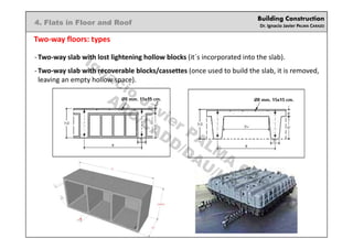 Building Construction
Dr. Ignacio Javier PALMA CARAZO
4. Flats in Floor and Roof
Two-way floors: types
-Two-way slab with lost lightening hollow blocks (it´s incorporated into the slab).
-Two-way slab with recoverable blocks/cassettes (once used to build the slab, it is removed,
leaving an empty hollow space).
Ignacio
Javier PALM
A
CARAZO
ARC/CADD/DAU/KSA
 