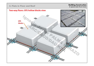Building Construction
Dr. Ignacio Javier PALMA CARAZO
4. Flats in Floor and Roof
Two-way floors: EPS hollow blocks view
EPS
blocks
Ignacio
Javier PALM
A
CARAZO
ARC/CADD/DAU/KSA
 