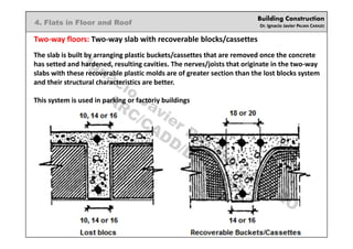Building Construction
Dr. Ignacio Javier PALMA CARAZO
4. Flats in Floor and Roof
Two-way floors: Two-way slab with recoverable blocks/cassettes
The slab is built by arranging plastic buckets/cassettes that are removed once the concrete
has setted and hardened, resulting cavities. The nerves/joists that originate in the two-way
slabs with these recoverable plastic molds are of greater section than the lost blocks system
and their structural characteristics are better.
This system is used in parking or factoriy buildings
Ignacio
Javier PALM
A
CARAZO
ARC/CADD/DAU/KSA
 
