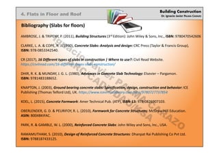 Building Construction
Dr. Ignacio Javier PALMA CARAZO
Bibliography (Slabs for floors)
AMBROSE, J. & TRIPENY, P. (2011), Building Structures (3rd Edition): John Wiley & Sons, Inc., ISBN: 9780470542606
CLARKE, L. A. & COPE, R. J.(1990), Concrete Slabs: Analysis and design: CRC Press (Taylor & Francis Group),
ISBN: 978-0853342540.
CR (2017), 16 Different types of slabs in construction | Where to use?: Civil Read Website.
https://civilread.com/16-different-types-slabs-construction/
DHIR, R. K. & MUNDAY, J. G. L. (1980), Advances in Concrete Slab Technology: Elsevier – Pargamon.
ISBN: 9781483188652.
KNAPTON, J. (2003), Ground bearing concrete slabs: Specification, design, construction and behavior: ICE
Publishing (Thomas Telford Ltd), UK. https://www.icevirtuallibrary.com/isbn/9780727737854
KOEL, L. (2015), Concrete Formwork: Amer Technical Pub. (ATP), ISBN-13: 978-0826907103.
OBERLENDER, G. D. & PEURIFOY, R. L. (2010), Formwork for Concrete Structures: McGraw-Hill Education.
ASIN: B004BKIFAC.
PARK, R. & GAMBLE, W. L. (2000), Reinforced Concrete Slabs: John Wiley and Sons, Inc., USA.
RAMAMUTHAM, S. (2010), Design of Reinforced Concrete Structures: Dhanpat Rai Publishing Co Pvt Ltd.
ISBN: 9788187433125.
4. Flats in Floor and Roof
Ignacio
Javier PALM
A
CARAZO
ARC/CADD/DAU/KSA
 