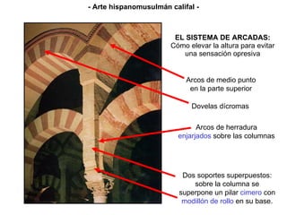 EL SISTEMA DE ARCADAS: Cómo elevar la altura para evitar una sensación opresiva Arcos de herradura enjarjados  s obre las columnas Dos soportes superpuestos: sobre la columna se superpone un pilar  cimero  con  modillón de rollo  en su base. Dovelas dícromas Arcos de medio punto en la parte superior - Arte hispanomusulmán califal - 