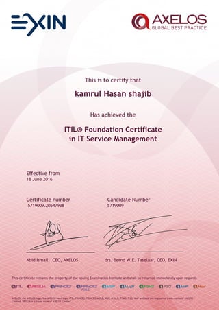 This is to certify that
kamrul Hasan shajib
Has achieved the
ITIL® Foundation Certificate
in IT Service Management
Effective from
18 June 2016
Certificate number Candidate Number
5719009.20547938 5719009
Abid Ismail, CEO, AXELOS drs. Bernd W.E. Taselaar, CEO, EXIN
This certificate remains the property of the issuing Examination Institute and shall be returned immediately upon request.
AXELOS, the AXELOS logo, the AXELOS swirl logo, ITIL, PRINCE2, PRINCE2 AGILE, MSP, M_o_R, P3M3, P3O, MoP and MoV are registered trade marks of AXELOS
Limited. RESILIA is a trade mark of AXELOS Limited.
 