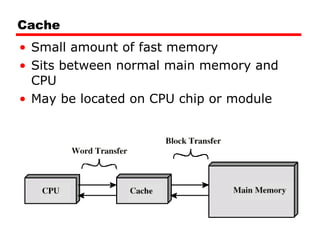 Cache Small amount of fast memory Sits between normal main memory and CPU May be located on CPU chip or module 