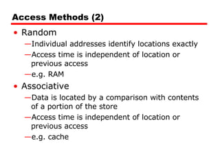 Access Methods (2) Random Individual addresses identify locations exactly Access time is independent of location or previous access e.g. RAM Associative Data is located by a comparison with contents of a portion of the store Access time is independent of location or previous access e.g. cache 