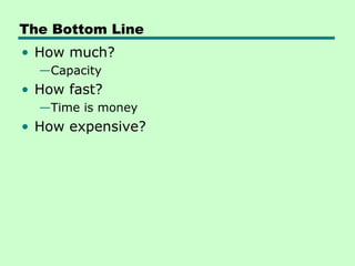 The Bottom Line
• How much?
  —Capacity
• How fast?
  —Time is money
• How expensive?
 