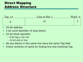 Direct Mapping
 Address Structure


 Tag s-r                      Line or Slot r            Word w
     8                             14                        2

• 24 bit address
• 2 bit word identifier (4 byte block)
• 22 bit block identifier
   — 8 bit tag (=22-14)
   — 14 bit slot or line
• No two blocks in the same line have the same Tag field
• Check contents of cache by finding line and checking Tag
 