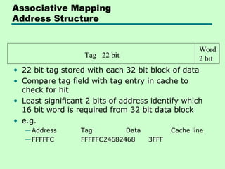 Associative Mapping
Address Structure


                                                    Word
                   Tag 22 bit                       2 bit
• 22 bit tag stored with each 32 bit block of data
• Compare tag field with tag entry in cache to
  check for hit
• Least significant 2 bits of address identify which
  16 bit word is required from 32 bit data block
• e.g.
   — Address      Tag         Data          Cache line
   — FFFFFC       FFFFFC24682468     3FFF
 