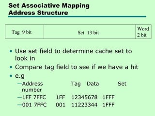 Set Associative Mapping
Address Structure

                                           Word
Tag 9 bit              Set 13 bit          2 bit


• Use set field to determine cache set to
  look in
• Compare tag field to see if we have a hit
• e.g
  —Address           Tag   Data      Set
   number
  —1FF 7FFC    1FF   12345678 1FFF
  —001 7FFC    001   11223344 1FFF
 