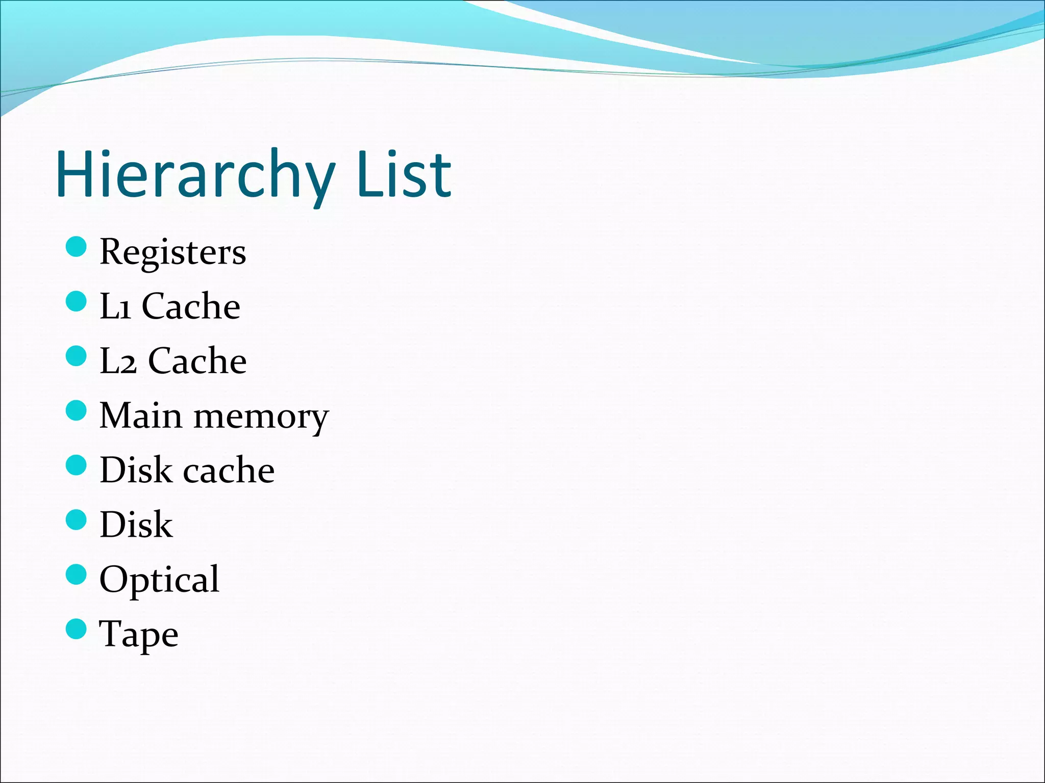 Hierarchy List
Registers
L1 Cache
L2 Cache
Main memory
Disk cache
Disk
Optical
Tape

 
