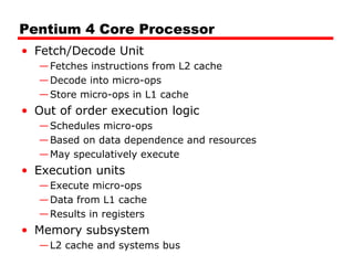 Pentium 4 Core Processor
• Fetch/Decode Unit
— Fetches instructions from L2 cache
— Decode into micro-ops
— Store micro-ops in L1 cache

• Out of order execution logic
— Schedules micro-ops
— Based on data dependence and resources
— May speculatively execute

• Execution units
— Execute micro-ops
— Data from L1 cache
— Results in registers

• Memory subsystem
— L2 cache and systems bus

 