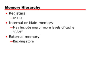Memory Hierarchy
• Registers
—In CPU

• Internal or Main memory
—May include one or more levels of cache
—“RAM”

• External memory
—Backing store

 