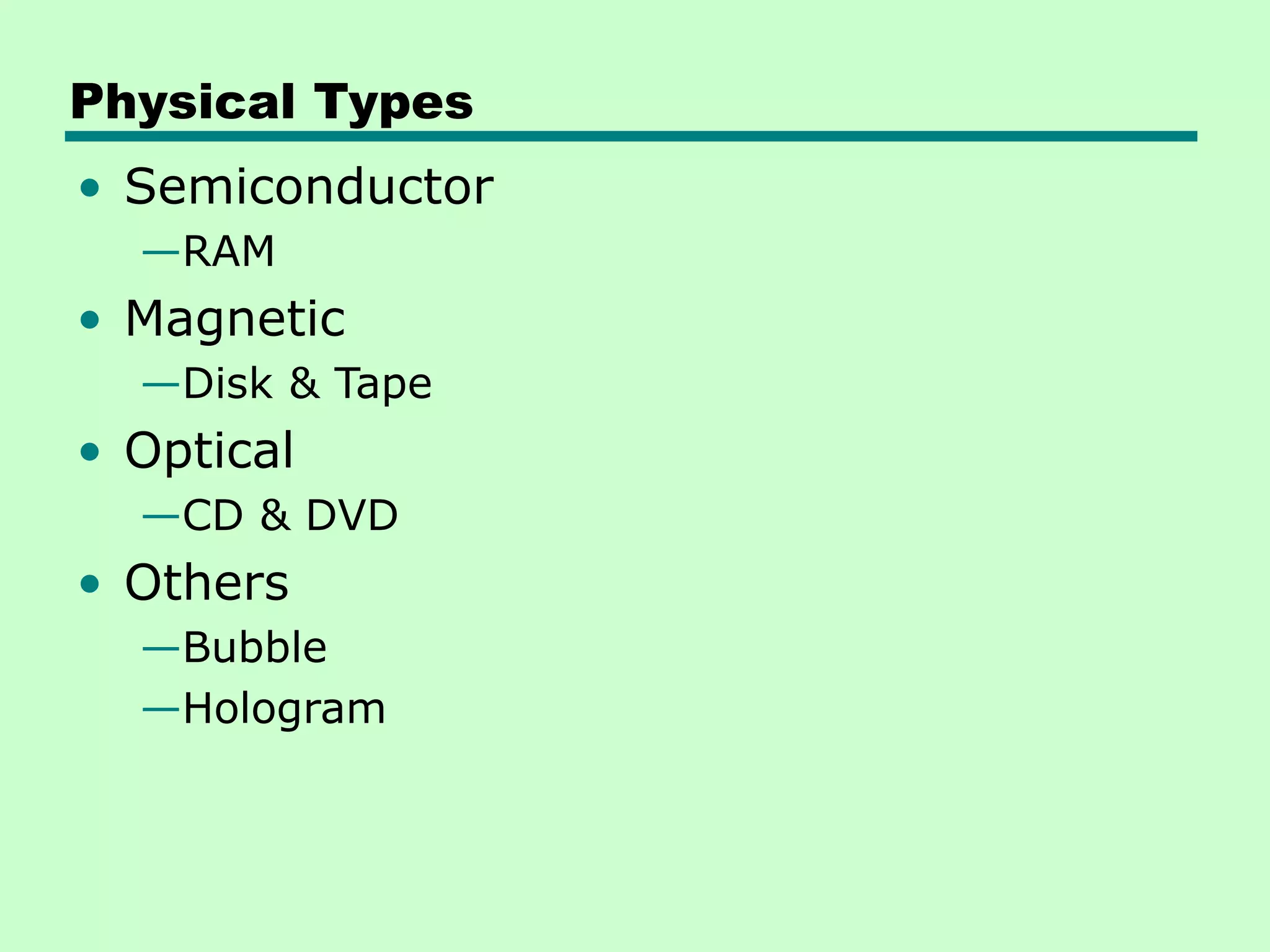 Physical Types
• Semiconductor
—RAM
• Magnetic
—Disk & Tape
• Optical
—CD & DVD
• Others
—Bubble
—Hologram
 