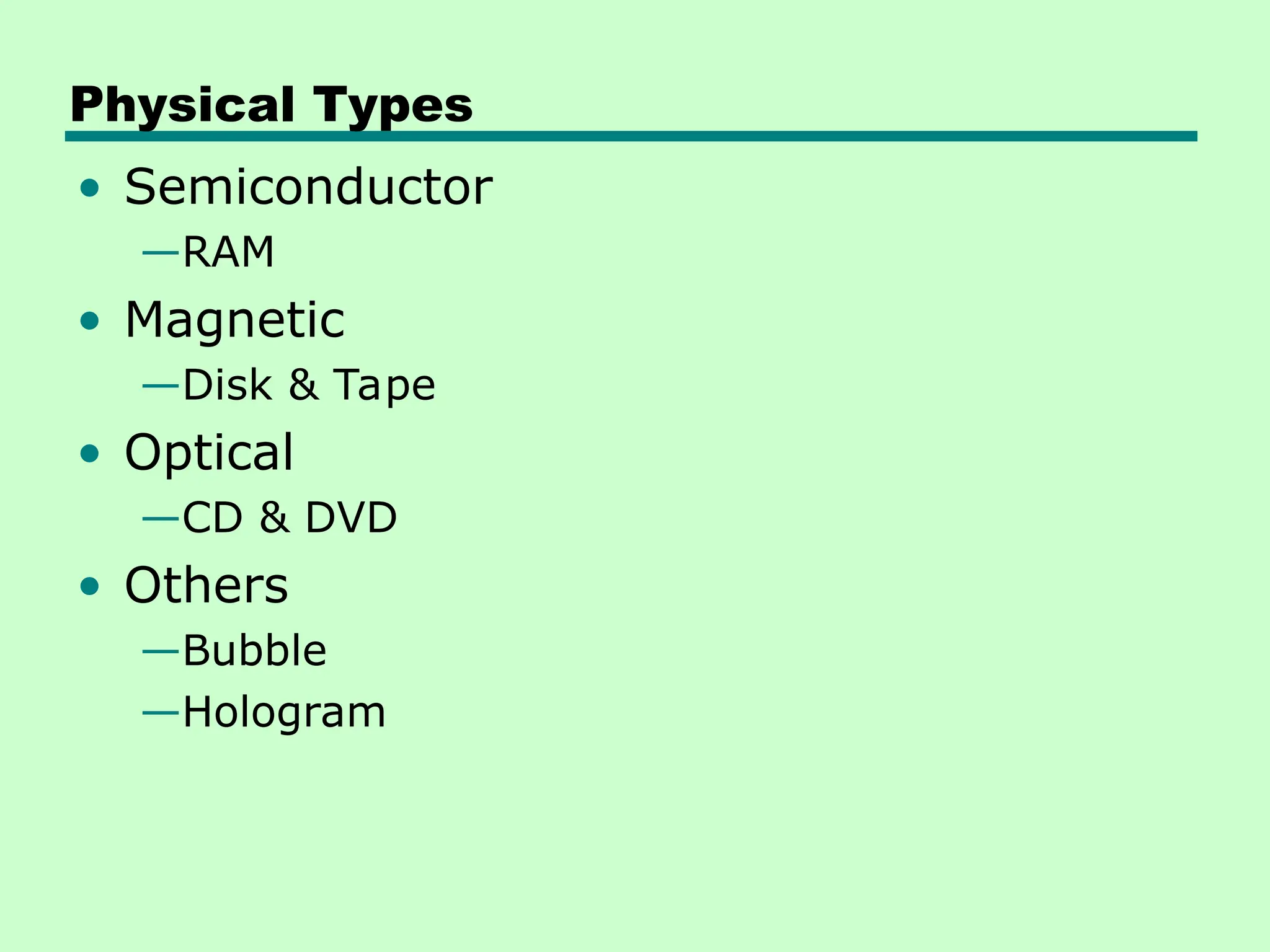 Physical Types
• Semiconductor
—RAM
• Magnetic
—Disk & Tape
• Optical
—CD & DVD
• Others
—Bubble
—Hologram
 