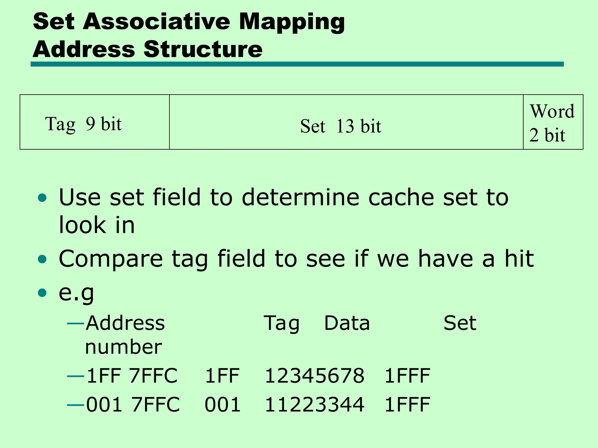 Set Associative Mapping
Address Structure
• Use set field to determine cache set to
look in
• Compare tag field to see if we have a hit
• e.g
—Address Tag Data Set
number
—1FF 7FFC 1FF 12345678 1FFF
—001 7FFC 001 11223344 1FFF
Tag 9 bit Set 13 bit
Word
2 bit
 