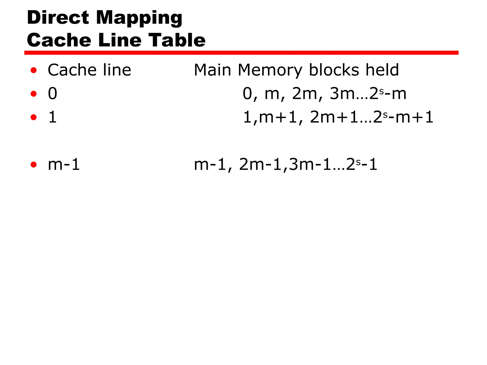 Direct Mapping
Cache Line Table
• Cache line Main Memory blocks held
• 0 0, m, 2m, 3m…2s
-m
• 1 1,m+1, 2m+1…2s
-m+1
• m-1 m-1, 2m-1,3m-1…2s
-1
 