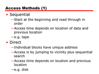 Access Methods (1)
• Sequential
—Start at the beginning and read through in
order
—Access time depends on location of data and
previous location
—e.g. tape
• Direct
—Individual blocks have unique address
—Access is by jumping to vicinity plus sequential
search
—Access time depends on location and previous
location
—e.g. disk
 