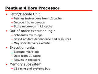 Pentium 4 Core Processor
• Fetch/Decode Unit
—Fetches instructions from L2 cache
—Decode into micro-ops
—Store micro-ops in L1 cache
• Out of order execution logic
—Schedules micro-ops
—Based on data dependence and resources
—May speculatively execute
• Execution units
—Execute micro-ops
—Data from L1 cache
—Results in registers
• Memory subsystem
—L2 cache and systems bus
 