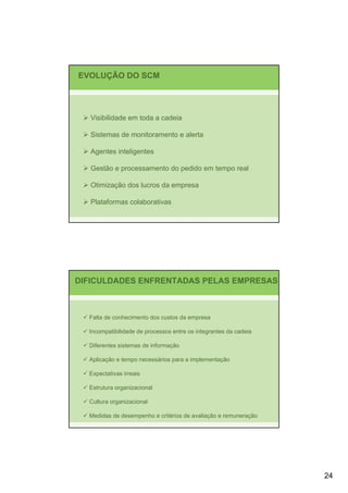 EVOLUÇÃO DO SCM




   Visibilidade em toda a cadeia

   Sistemas de monitoramento e alerta

   Agentes inteligentes

   Gestão e processamento do pedido em tempo real

   Otimização dos lucros da empresa

   Plataformas colaborativas




DIFICULDADES ENFRENTADAS PELAS EMPRESAS



  Falta de conhecimento dos custos da empresa

  Incompatibilidade de processos entre os integrantes da cadeia

  Diferentes sistemas de informação

  Aplicação e tempo necessários para a implementação

  Expectativas irreais

  Estrutura organizacional

  Cultura organizacional

  Medidas de desempenho e critérios de avaliação e remuneração




                                                                  24
 