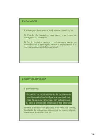 EMBALAGEM


 A embalagem desempenha, basicamente, duas funções:

 1) Função de Marketing: age como uma forma de
 propaganda ou promoção.

 2) Função Logística: protege o produto contra avarias na
 movimentação e estocagem, facilita o empilhamento e a
 movimentação do produto (ergonomia).




LOGÍSTICA REVERSA



 É definida como:

   Processo de movimentação de produtos de
   seu típico destino final para um outro local,
   para fins de elevar o valor ora indisponível,
  ou para a adequada disposição dos produtos

 Envolve a devolução de produtos recusados pelo Cliente,
 devolução de embalagens retornáveis ou reaproveitáveis,
 remoção de entulho/sucata, etc.




                                                            15
 